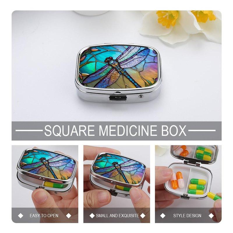 Dragonfly Pattern Pill Box, 1 Count 2 Compartment Portable Medicine Storage Box with Mirror,  Decorative Metal Medicine Vitamin Organizer for Pockets Purses Travel Office Dormitory 5