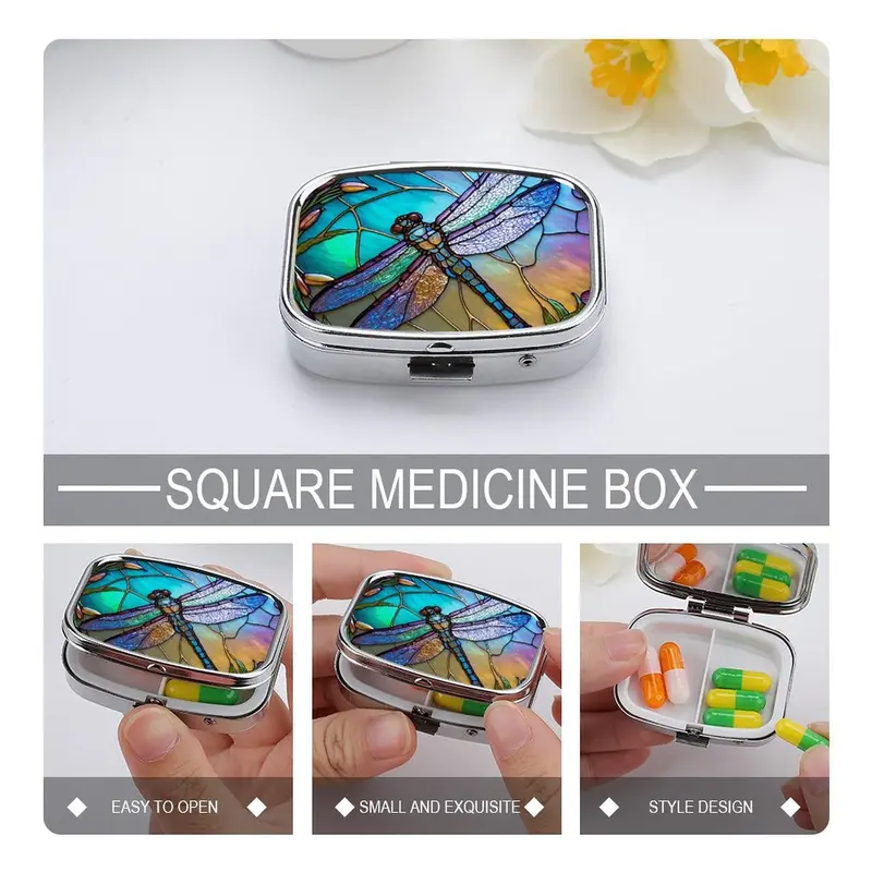 Dragonfly Pattern Pill Box, 1 Count 2 Compartment Portable Medicine Storage Box with Mirror,  Decorative Metal Medicine Vitamin Organizer for Pockets Purses Travel Office Dormitory 5