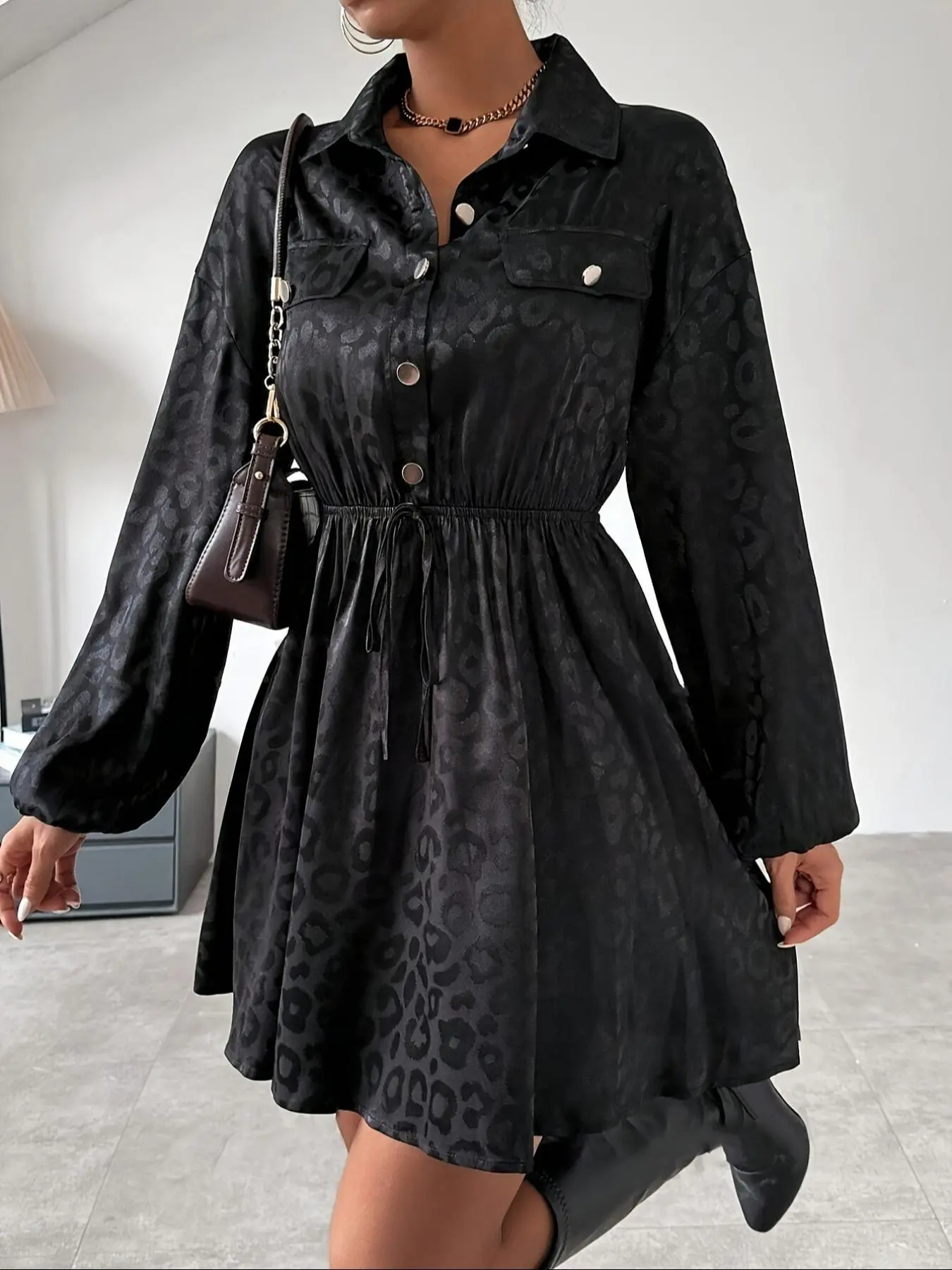 Women's Leopard Jacquard Button Front Tie Front Shirt Dress without Belt, Elegant Bishop Sleeve Collared Short Dress for Summer, Ladies Clothes for Daily Wear