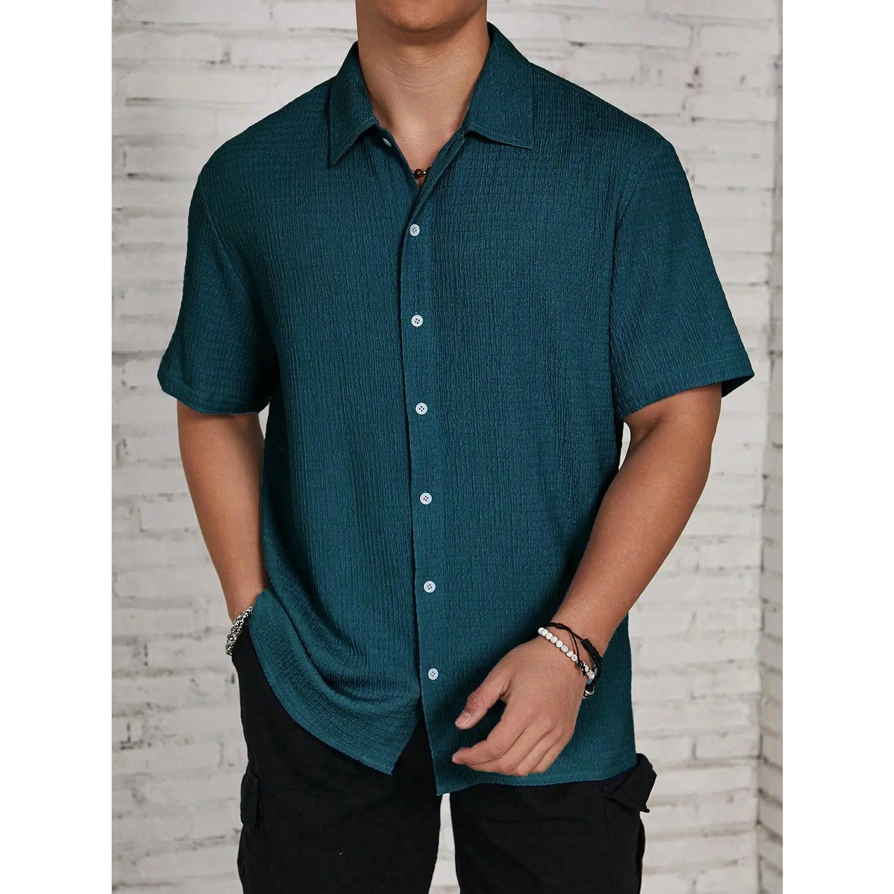 Manfinity Homme Men Summer Solid Color Casual Short Sleeve Shirt Menswear Top Tropical Shortsleeve Beige Wetsuit Plain Blue