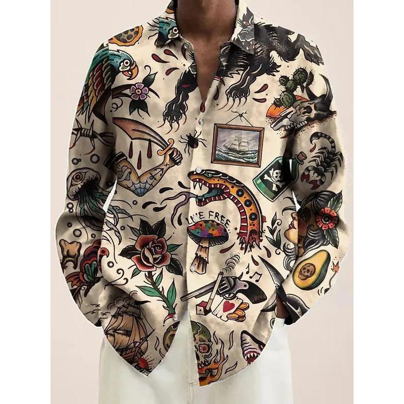 Men's Vintage Animal Print Long Sleeve Shirt 2023 Fashion Design Luxury Long Sleeve Tops Men's Four Seasons Button Lapel Shirt Menswear Lingerie 0