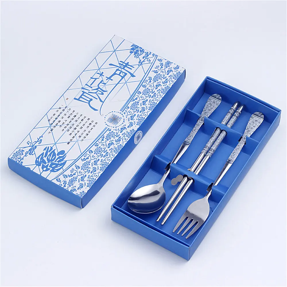 Portable Stainless Steel Cutlery Set Chopsticks Spoon Set Cutlery Box 3 Pieces Dinner Set
