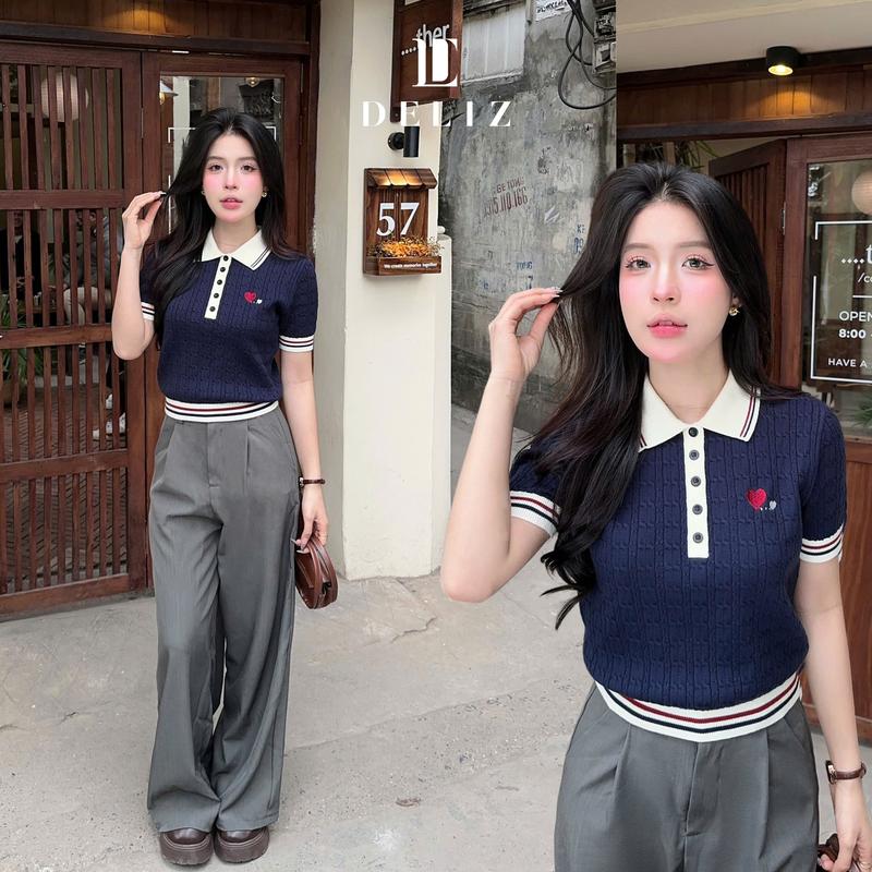 DELIZ - BST MỚI - Áo len nữ tone xanh than chất liệu cao cấp thiết kế cổ polo basic - PL24