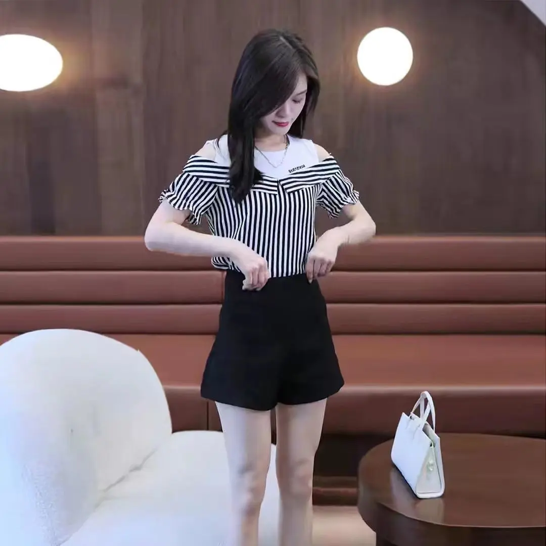 Vòng cổ giảm tuổi nới lỏng vai ra đầu thời trang ngắn tay áo sọc giả hai mảnh chiffon áo sơ mi nữ mùa hè cảng hương vị nối