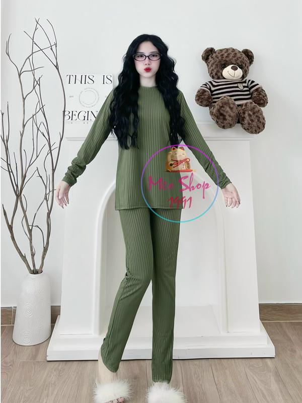 Mua 2 Bộ Kèm qu@ Đ Set Bộ Ủ Kem Thun Gân Đũa Cổ Tròn Ống Ôm - Tay Dài Xỏ Ngón 40kg - Bigsize Women Áo Nhung Top Ong