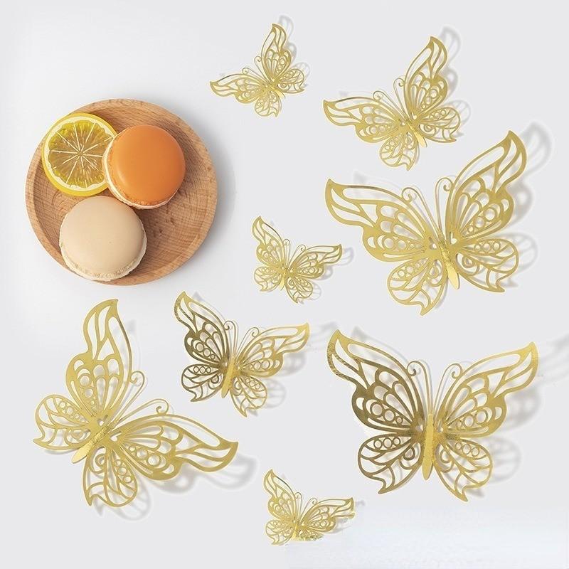Vinnatsu 12pcs Stiker Dinding Desain Kupu-Kupu  3D Untuk Dekorasi Pesta Pernikahan Butterfly/ Topper cake Akrilik Bronzing Sisipan topper