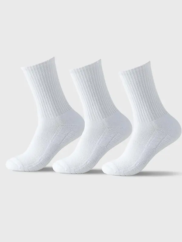 Men's 3 Pairs Solid Crew Socks, Sporty Breathable Sweat-Absorbing Mid Calf Socks For Outdoor Activities, Men's Socks For All Seasons 0