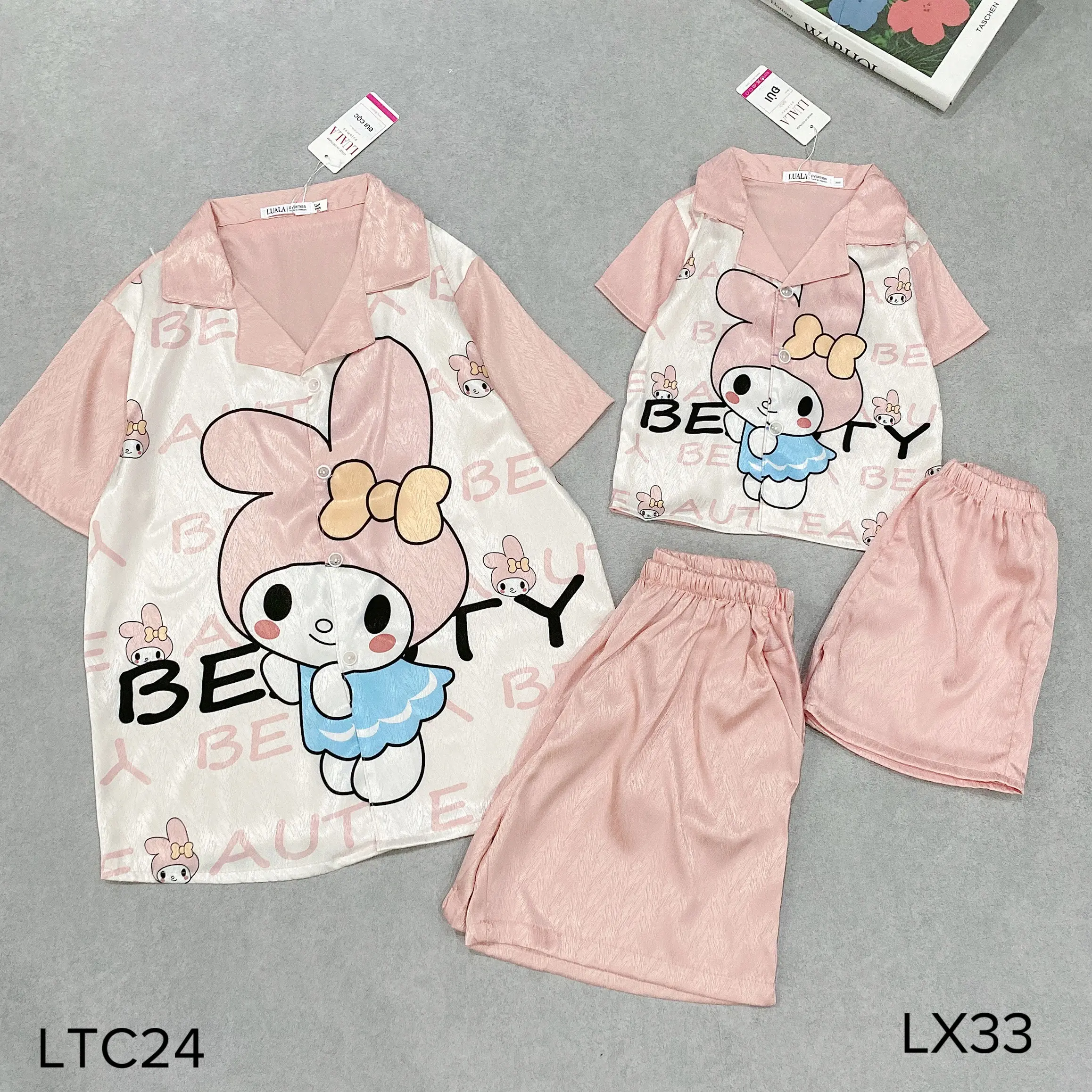 Set bộ pijama có size cho mẹ và bé áo cộc quần đùi chất lụa xước Voi Nữ Women