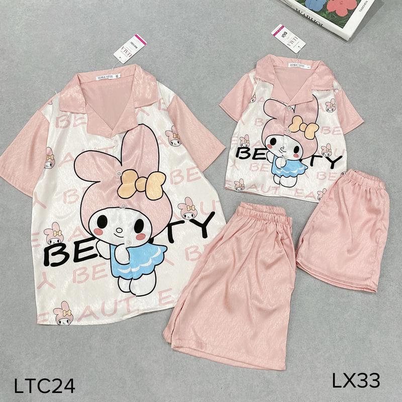 Bộ pijama có size cho mẹ và bé áo cộc quần đùi chất lụa xước Voi Nữ Women