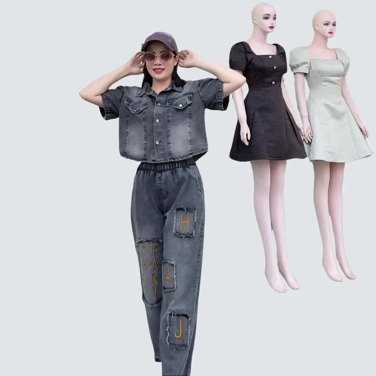 Sét Jeans Áo Cổ Đức Tay Cộc Khuy Bấm , Quần Baggy Dài Thêu Cạp Chun Cho Nữ, Thêu Chữ Khung Bò Giả Chất JEANS Mền  Có Túi Có Cổ GOBY OFFICIAL SBD09