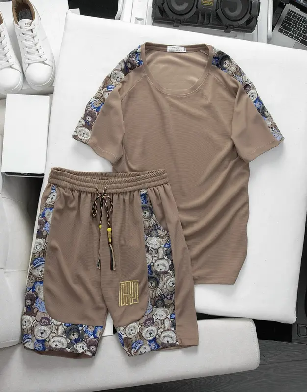 Bộ quần áo nam nữ AMYCHY ngắn tay waffle phối vải gấm dệt gấu nhỏ menswear, thời trang phong cách, co giãn 4 chiều thoáng mát 3