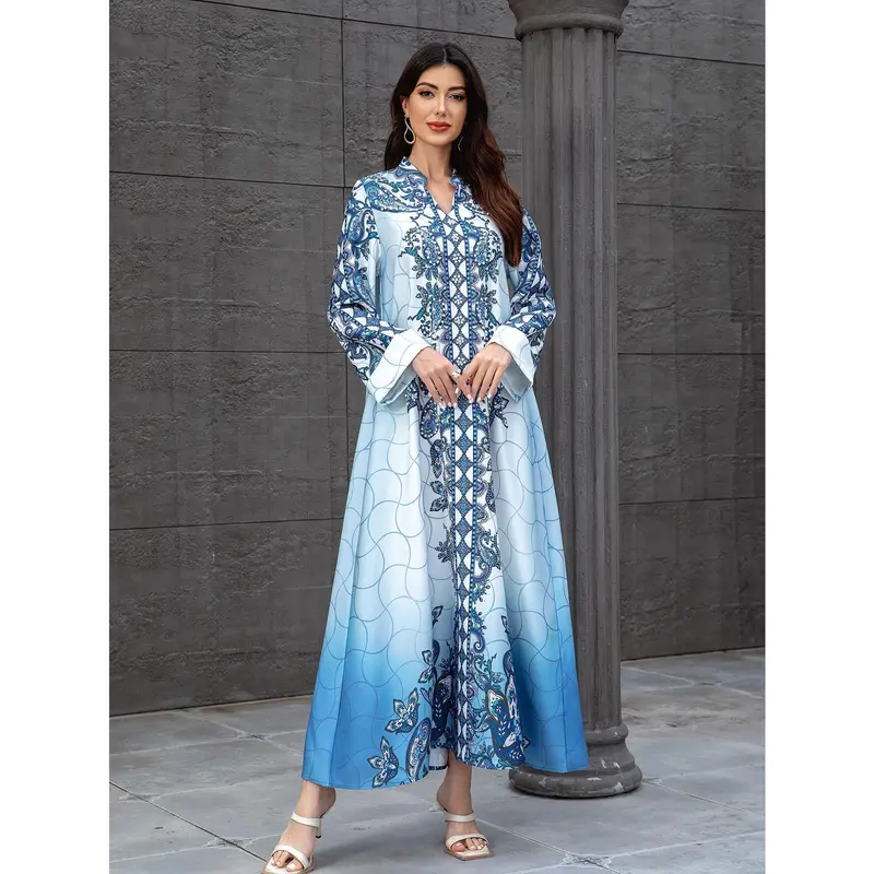 2025 Fashion Printed V-neck Loose Slim Dress Women's Beaded Rhinestone Robe New 6