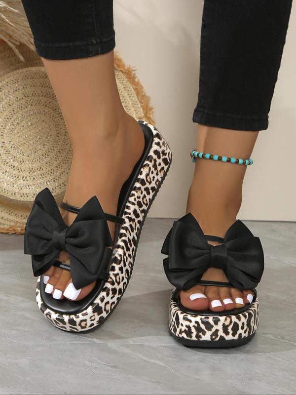 Women's Fashionable Leopard Print Bowknot Design Slides, Summer Sandals, Casual Comfortable Platform Slippers for Summer, Female All-match Round Toe Slippers for Daily Wear, Sandals Heels Walking Shoes 0