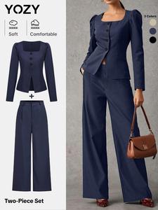 YOZY Women's Solid Button Front Puff Sleeve Square Neck Blouse & Elastic Waist Pocket Wide Leg Pants Set, Elegant Fashion Two-piece Outfits for Work Office Business, Ladies Clothes for Fall & Winter, Womenswear