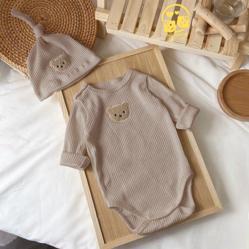 Product Introduction of [Kèm mũ] Bodysuit dài tay cho bé Đính Gấu, body dài tay cho bé gái bé trai chất Tăm gân mẫu quần áo sơ sinh 0-12M Jumpsuit Kem 3