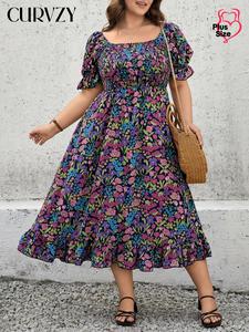 CURVZY Plus Size Floral Print Shirred Dress, Boho Fashion Casual Short Sleeve Dress for Daily Holiday Vacation Wear, Women Plus Clothing for Spring & Fall