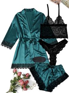 Women's 5 Counts Contrast Lace Satin Pyjama Set, Long Sleeve Belted Robe & Backless Lingerie Top & Scallop Trim Panty & Bow Decor Shorts & Eye Mask, Comfy Nightwear & Loungewear for Women, National Day Offers