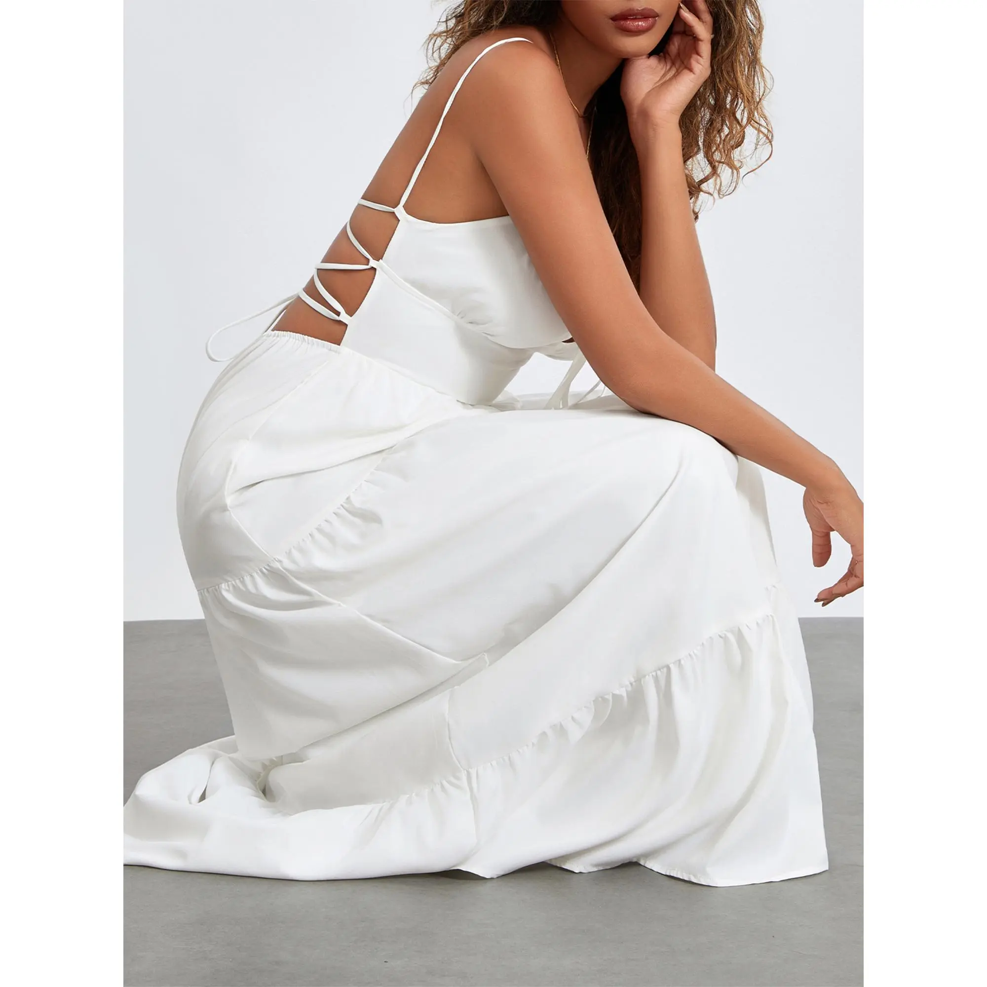 Women's Summer Long Beach Dress Sleeveless Backless Tie Up Spaghetti Strap Bustier Dress French Elegant Fabulous Simple Designed Dress