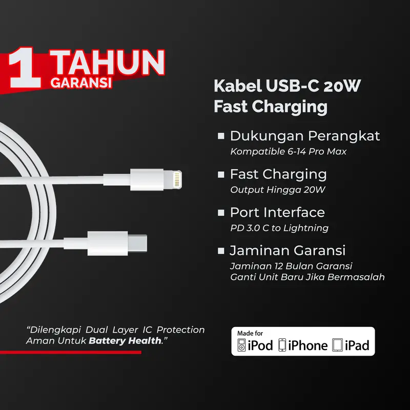 [GARANSI 1 TAHUN] Kabel Data USB-C to Lightning 20W Fast Charging Panjang 1 Meter 0