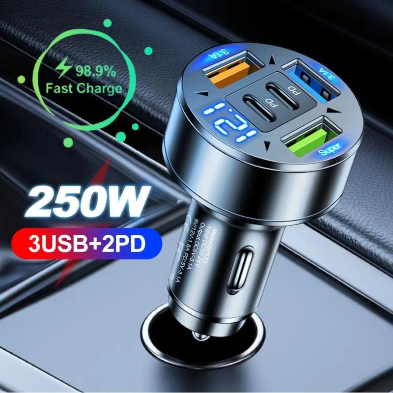 Bộ sạc ô tô, 250W, 5 cổng, Sạc nhanh, Tương thích với PD, QC3.0 và USB C, Bộ Chuyển Đổi sạc điện thoại trên ô tô, Với điện áp, Thích hợp cho tất cả các điện thoại 0
