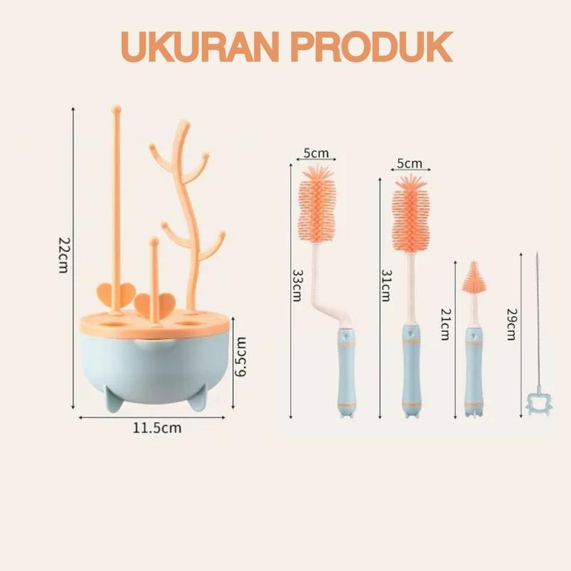 Sikat Botol Bayi Bottle Brush Set / Sikat Botol Bayi Dengan Rak 5in1 Biru Green Pink 3