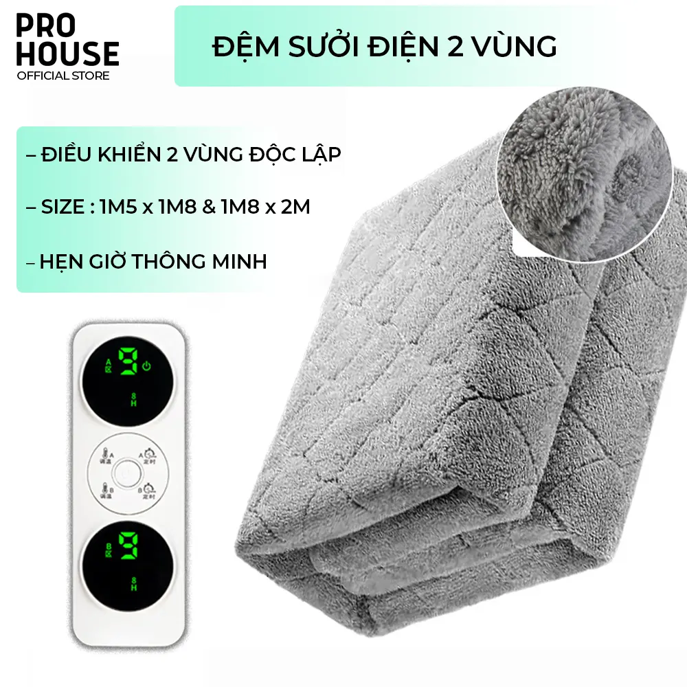 Đệm sưởi cotton nhung Hàn Quốc cao cấp ,Chăn điện sưởi ấm 2 vùng độc lập, điều khiển hẹn giờ
