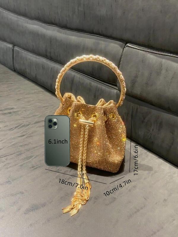 Women's Rhinestone Decorated Evening Bag with Round Top Handle, Elegant Shiny Tassel Chain Drawstring Design Shoulder Bag for Party, All-match Commuter Bag for Work & Daily Used, Valentine's Day Gift for Girl, Ladies Purse 9