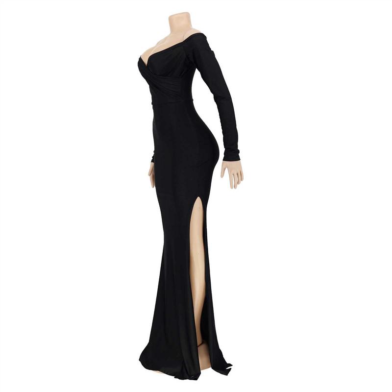 Lady Evening Dress V Neck Off Shoulder Side Slit Floor Length Long Sleeves Pleated Slim Fit Maxi Dress Ball Gown Banquet Party Dress 0