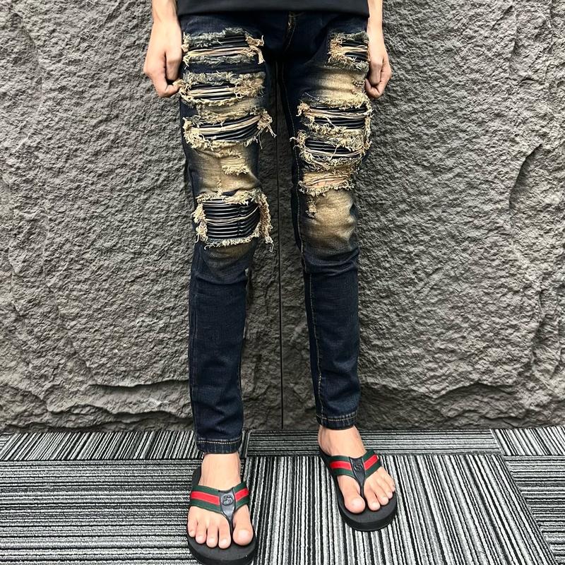 Quần bò jean màu bẩn vá da đen , vá 7 da loang to