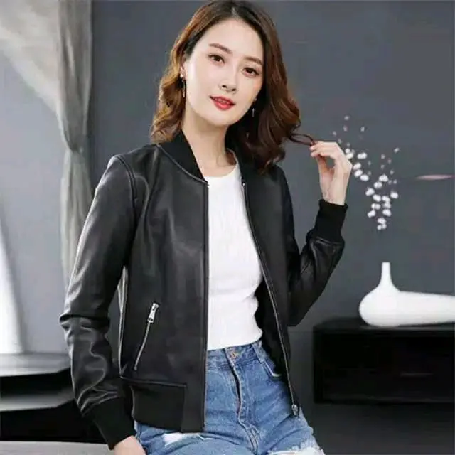 Jaket Kulit Wanita Bomber Motoran Anti Masuk Angin Hijab Outfit Mamba Mafia Musim dingin Santai 0