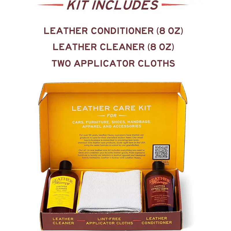 Complete Leather Care Kit Including Leather Conditioner (8 oz), Leather Cleaner (8 oz) and Two Applicator Cloths for use on Leather Apparel, Furniture, Auto Interiors, Shoes, Bags 2