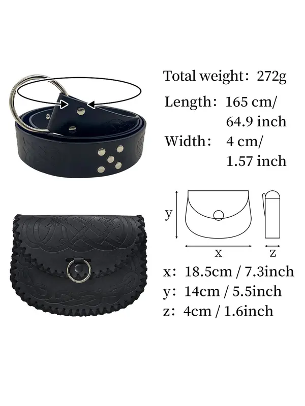 Medieval Style Ethnic Pattern Embossed Belt & Belt Bag Set, Vintage O-ring Decorated Belt & Waist Bag, Fashion Accessories for Cosplay Party, Daily 1