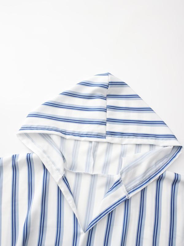 Men's Striped Print Pocket Batwing Sleeve Lounge Robe, Loose Casual Comfy Hooded Long Sleeve Dressing Gown for Spring & Fall, Men's Islamic Clothing for Daily Wear 4