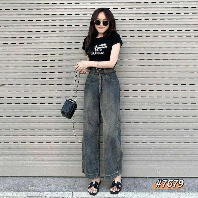 Quần Jeans Ống Suông Gấu To Dài 95cm Lưng Cao Hack Dáng