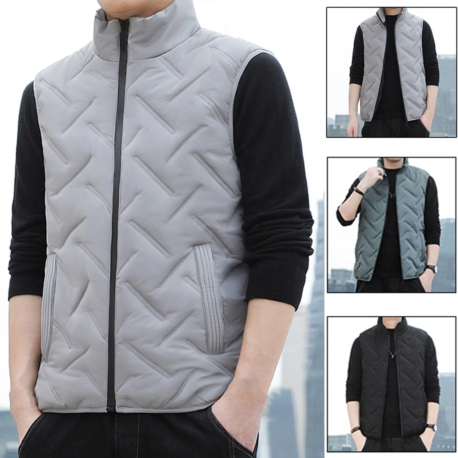 Áo Ghi Lê Dập Nổi Cho Nam, Áo Vest Có Khóa Kéo Có Đệm Cotton, Cổ Đứng Màu Trơn, Chống Lạnh, Để Leo Núi Đá, Mùa Thu Và Mùa Đông