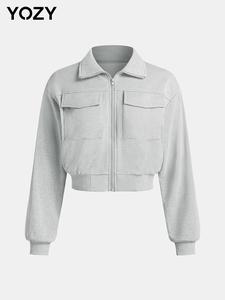 YOZY Women's Solid Zip Up Jacket, Casual Long Sleeve Collared Outerwear for Spring & Fall, Ladies Clothes for Daily Wear