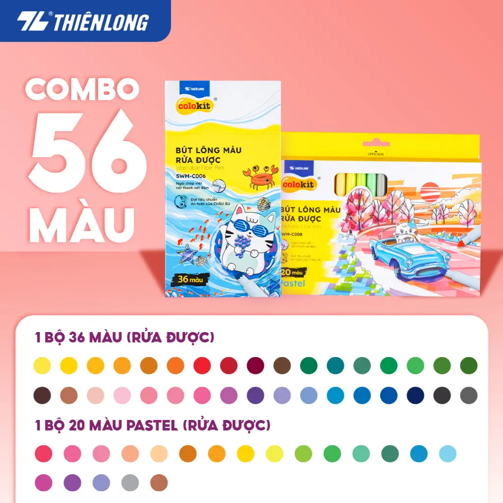 Combo 56 Bút lông màu Fiber Pen Thiên Long Colokit rửa được ngòi chóp viết nét thanh nét đậm