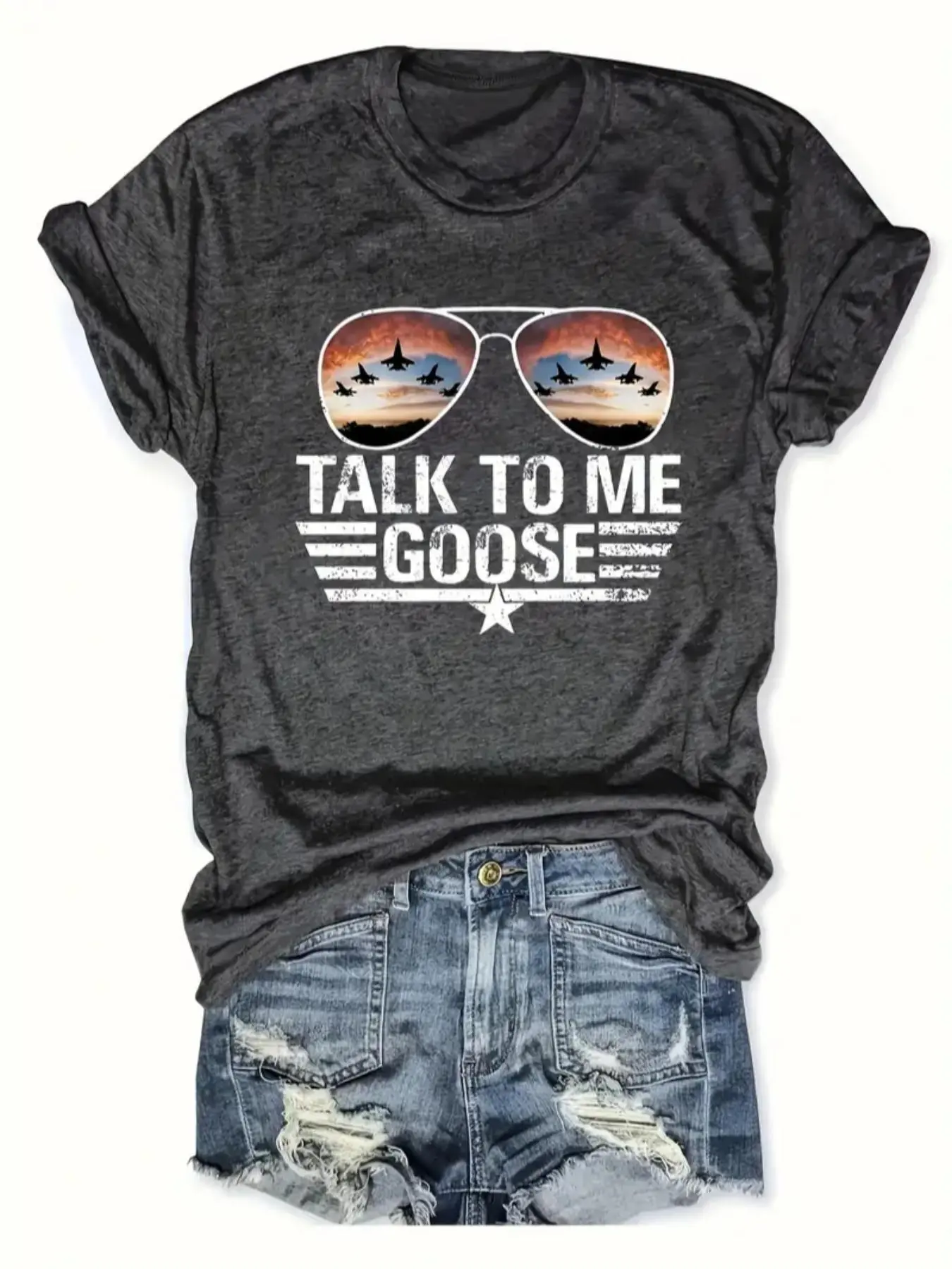 【Plus Size】 Talk To Me Goose Print Round Neck Tee, Casual Fashion Vintage Short Sleeve T-shirt for Daily Wear, Women Plus Clothing for All Seasons