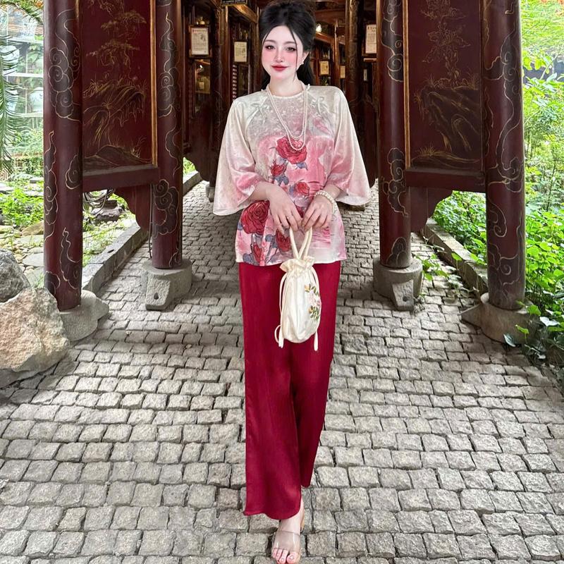 Bộ Đồ Lam Dành Cho Nữ Hoạ Tiết In 3D Chất Liệu Vải Gấm Quần Lụa Latin Nhẹ Mát S1003