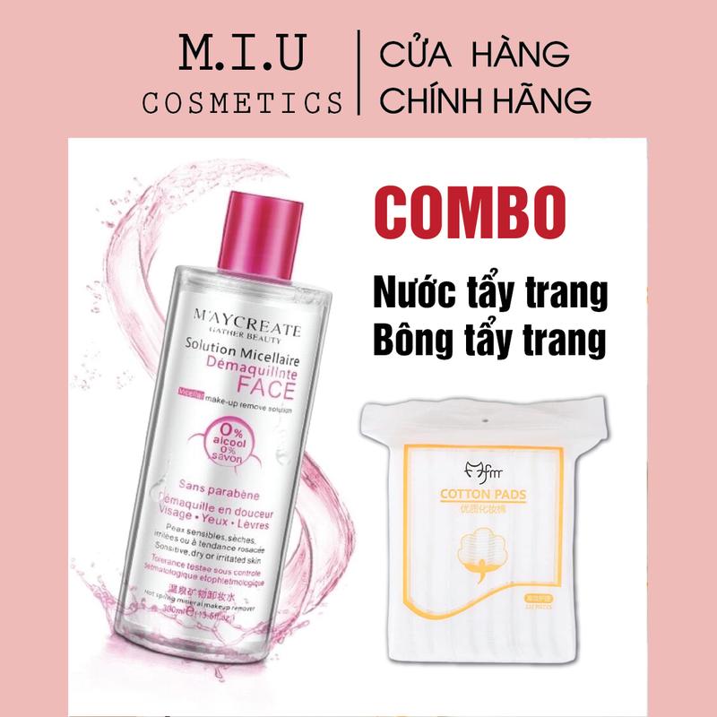  COMBO Nước tẩy trang HÀNG CHUẨN Maycreate 300ml và Bông tẩy trang 222 miếng dùng cho mặt làm sạch lớp trang điểm dầu tẩy trang tất cả các loại da 