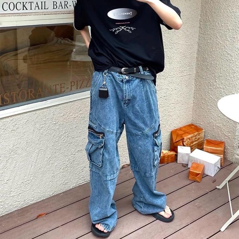 XÃ KHO TOÀN CỬA HÀNG LIGHT MODE CARGO PANTS PREMIUM BAGGY JEAN DENIN _ quần suông túi hộp phiên bản cạp nữa chun màu ánh sáng Có Túi Denim UNISEX hoặc Menswear