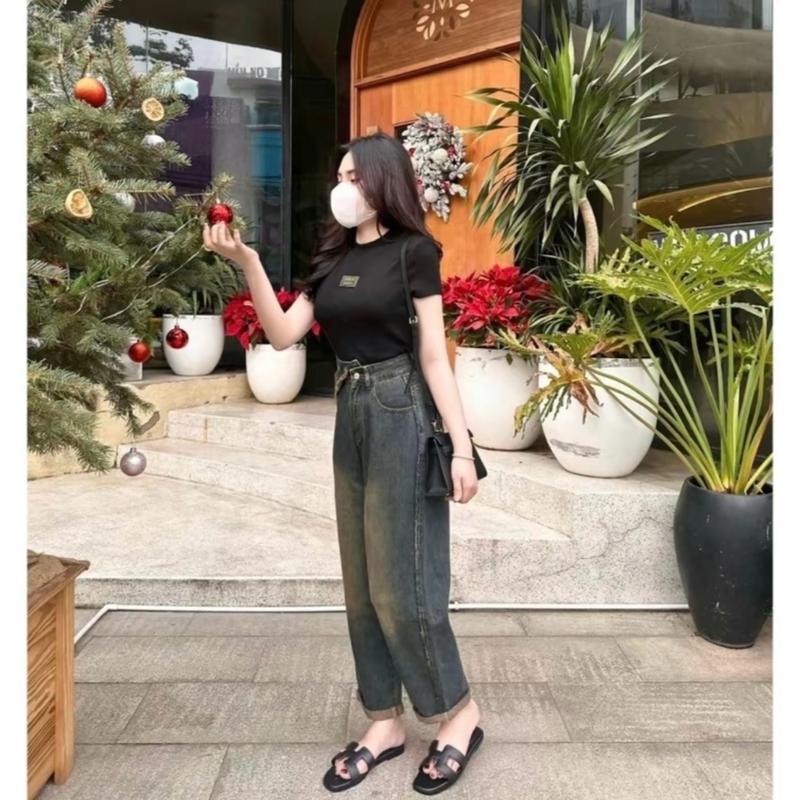Quần jean nữ lưng baggy nữ ống rộng phủ dơ lưng cao Denim Women Pants 0