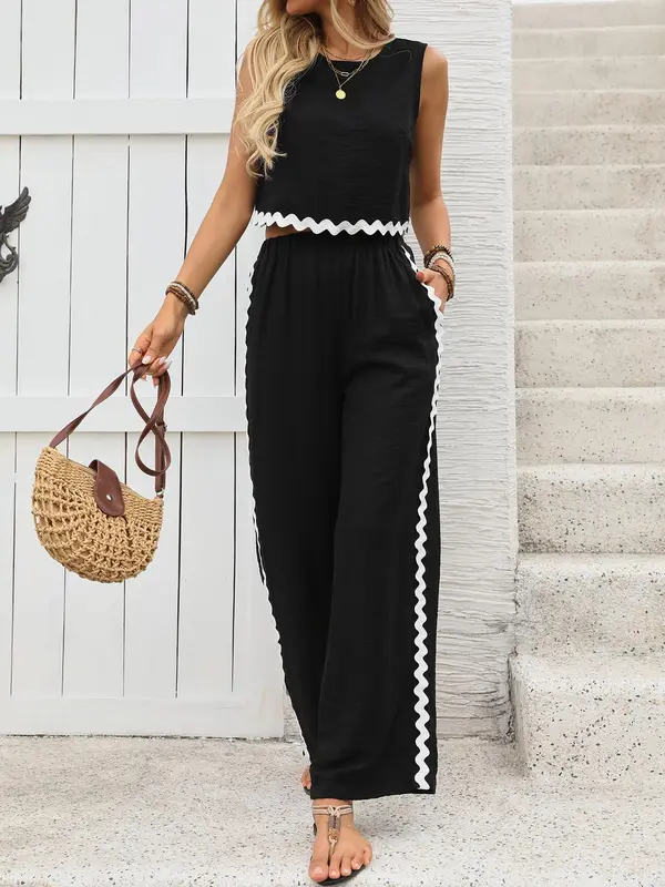 Two-piece Set Women's   Tank Top & Wide Leg Pants, Casual Sleeveless Top &  Pants for Summer, Ladies Clothes for Daily Wear 4