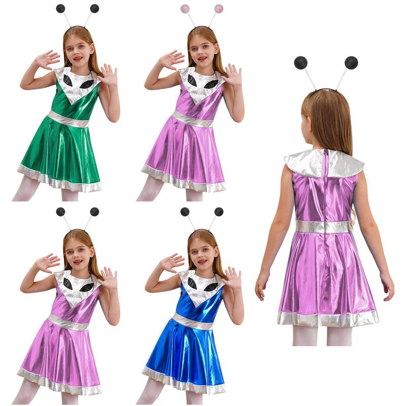 TiaoBug 2Pcs Girls Alien Space Outfit Metallic Sleeveless Dance Dress Astronauts Cosplay Costume 0