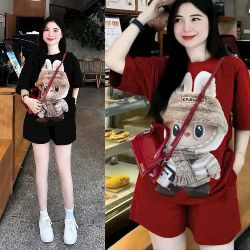 Set đồ bộ nữ mùa hè mặc nhà bộ quần áo thể thao quần đùi áo phông phom rộng 40-70kg in labubu 5