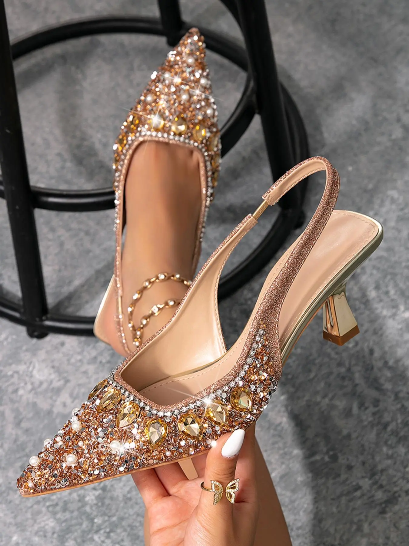 Women's Fashionable Rhinestone Decorated Pointed Toe High Heel Sandals, Elegant Glittering Heeled Sandals for Party, Banquet, Trendy All-match & Exquisite Heels for Women, Footwear