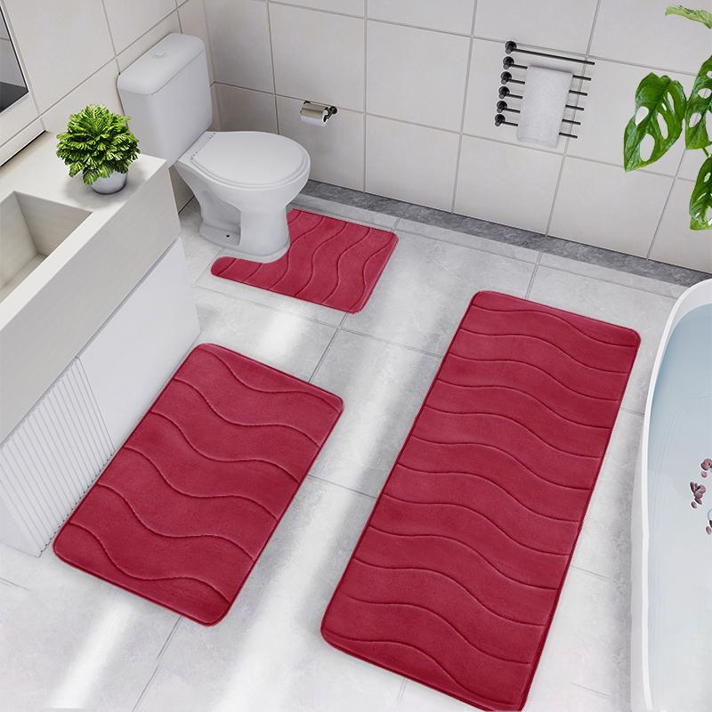 Soft Non-slip Bathroom Mat Set, 3pcs/set Household Wave Embossed Quick-dry Rug, Washable Water Absorbent Floor Pad, Household Bundle Bathroom Accessories 4
