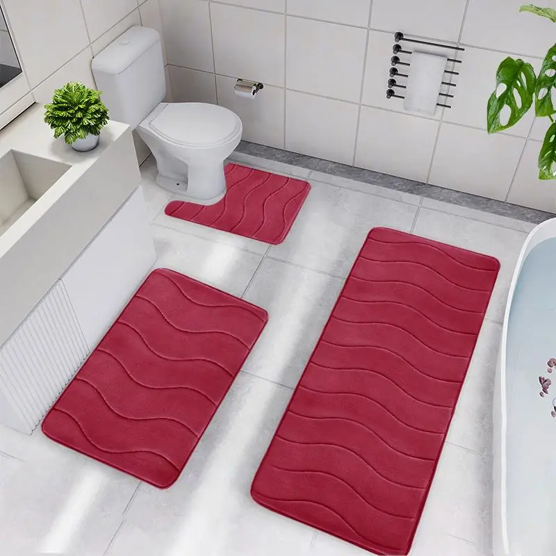 Soft Non-slip Bathroom Mat Set, 3pcs/set Household Wave Embossed Quick-dry Rug, Washable Water Absorbent Floor Pad, Household Bundle Bathroom Accessories 4