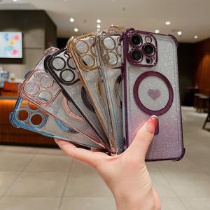 เคสอวกาศกันกระแทก TPU ชุบด้วยไฟฟ้าแม่เหล็ก กระดาษกลิตเตอร์ไล่ระดับหัวใจ เข้ากันได้กับ iPhone 16 Pro Max, 13 รุ่นใหม่, 15 ความรู้สึกระดับไฮเอนด์, 14 Pro