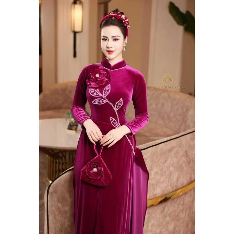 Product Introduction of Áo dài nhung truyền thống kết hoa leo thủ công - Áo Dài Hương Giang Nữ - tà dài 140cm, dày dặn, co dãn tốt Women 8
